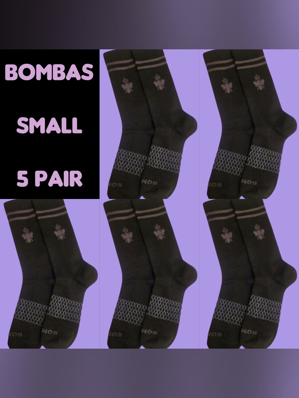 Bombas Crew Calf Socks Small Black~Grey Womens BNWT 5 Pair Bee Better